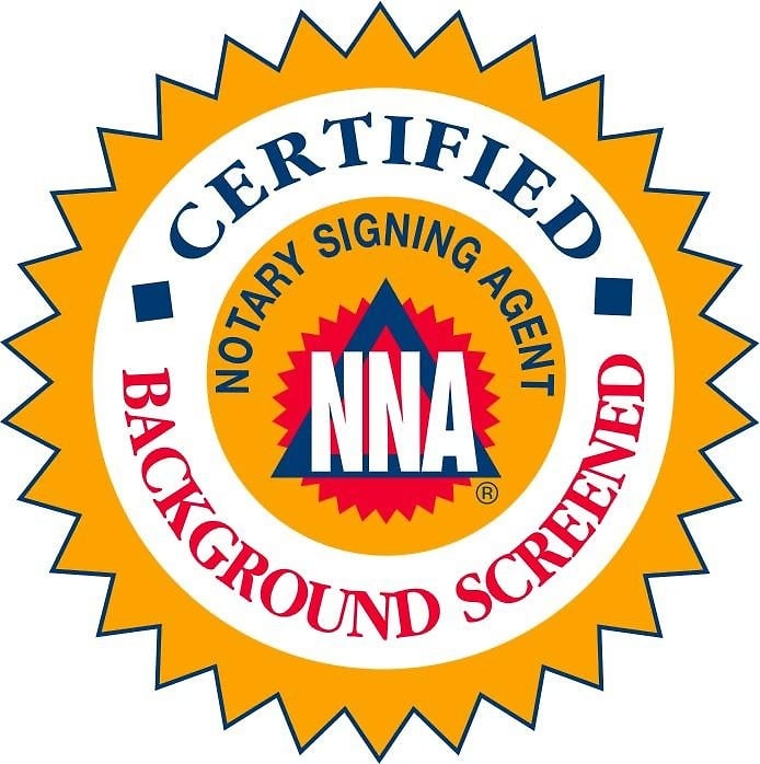 A seal that says certified, notary signing agent, background screened.