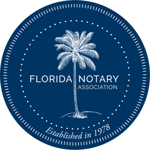 A blue circle with the words florida notary association in it.