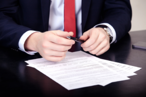A man in a suit and tie cutting paper with scissors.